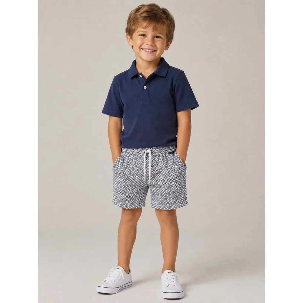 04651/ A Trip in a Bag Swim Shorts Kids 6-7 Navy Blue White Geometric Tile